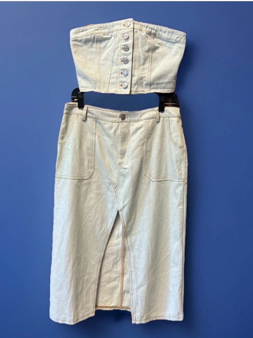 NWOT Edit by Nine High Front Slit Skirt & Smocked Top Shimmer Pale Blue M/L